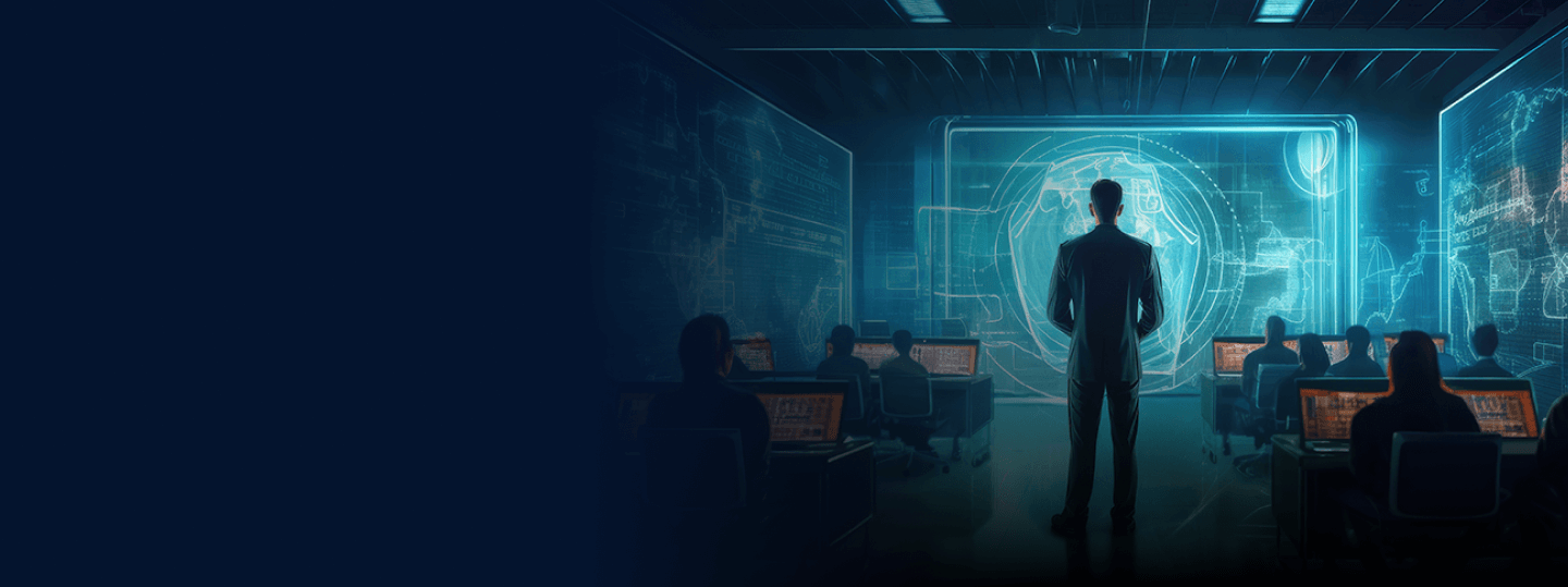 Trainer with large screens educating cybersecurity students